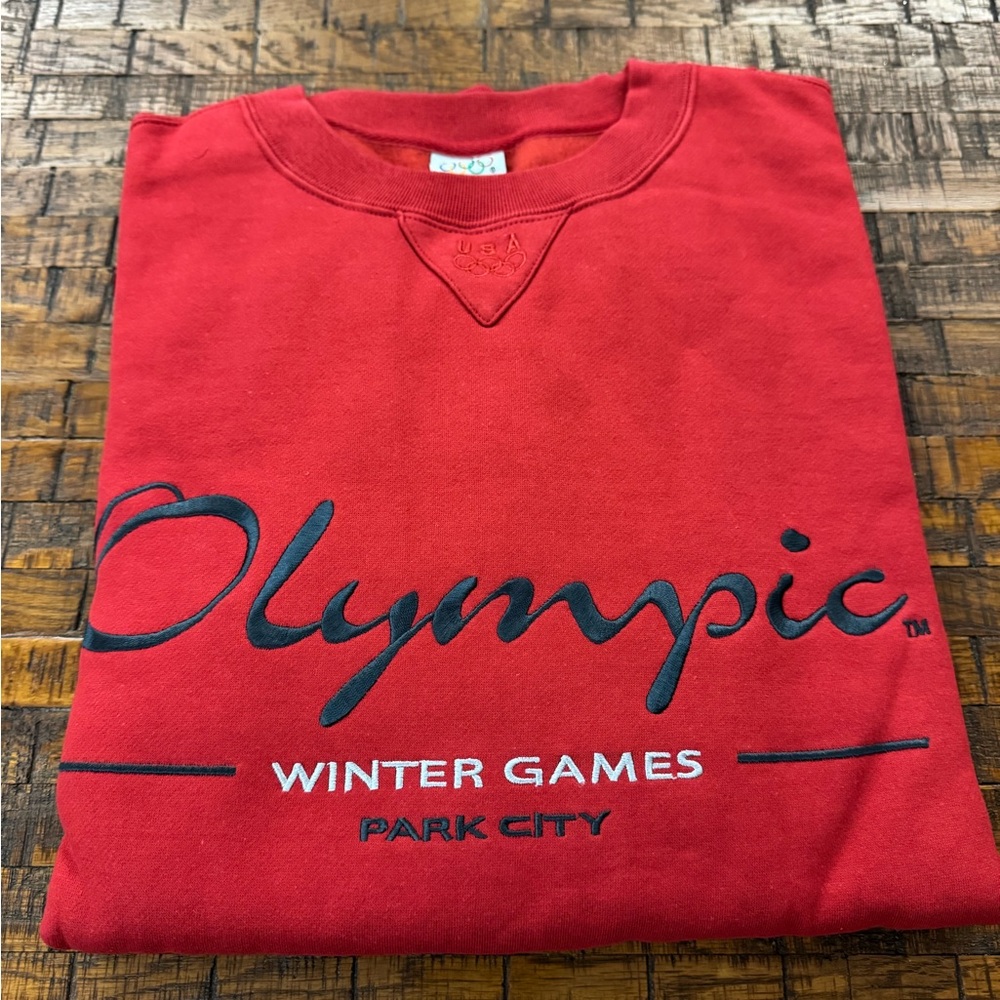 Vintage Red Park City Olympic Winter Games Sweatshirt with embroidered lettering